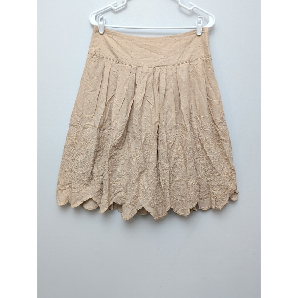 DR2 Cloze by Chenault Beige Pleated Skirt Floral Eyelet Scalloped Hem Cotton Sz6